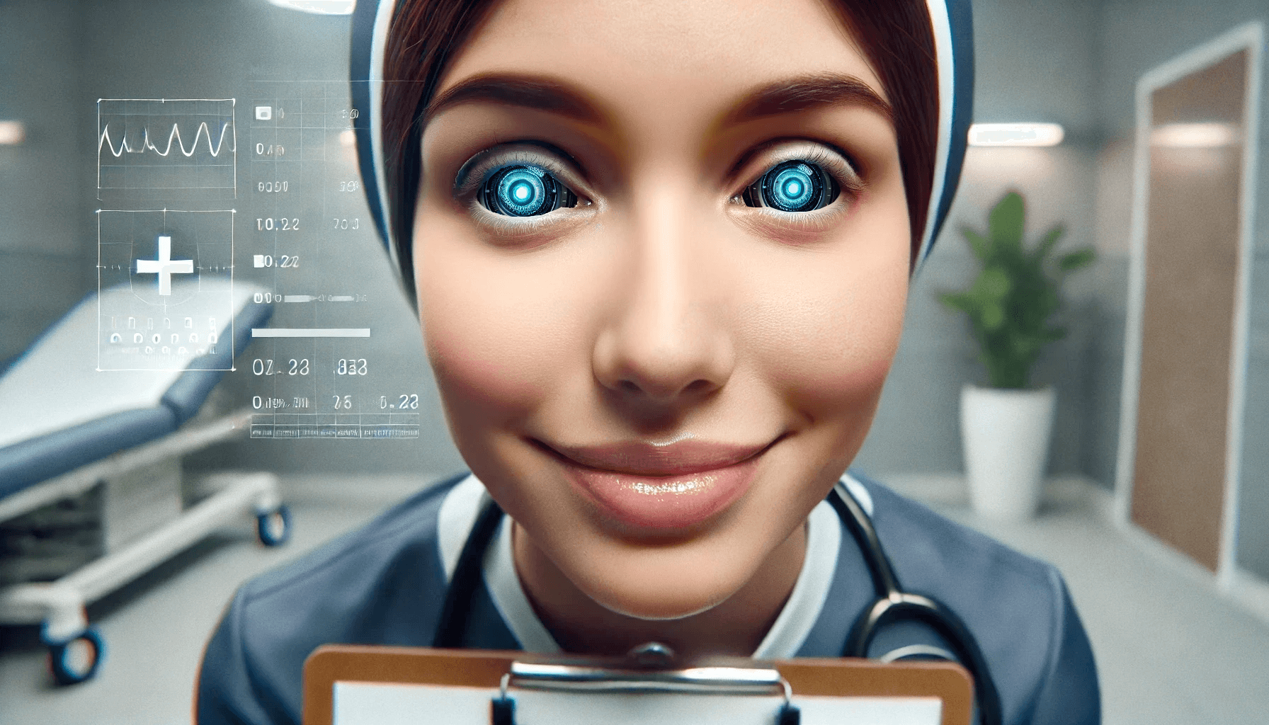 A close-up, unsettling but friendly portrait of Nurse Maya Brooks, a medical professional with cybernetic ocular implants. She has a warm smile but an unnerving gaze, with gunmetal gray eyes featuring a glowing blue light at the center where the retina should be. Surrounding the light, a mechanical aperture-like iris expands and contracts like a camera lens. She leans in toward the camera, holding a clipboard, as if addressing a patient. The medical room in the background is softly lit, with faint digital overlays hinting at an augmented reality interface.