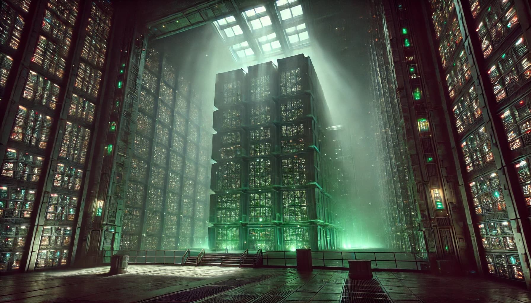 A vast, dimly lit computational chamber housing the Deep Thought supercomputer from The Hitchhiker’s Guide to the Galaxy, resembling its original appearance in the BBC TV series. Deep Thought is an enormous, green, pyramid-like structure with glowing lights and an imposing presence. The room is immense, with towering, monolithic structures covered in cryptic symbols. The atmosphere is eerie and quiet, with the machine’s lights still faintly flickering after the recent conversation. The space is empty, save for the hum of inactive machinery and shafts of cold artificial light streaming through the towering structures. A thin haze of dust floats in the air, enhancing the illusion of an all-knowing machine that is merely a facade.