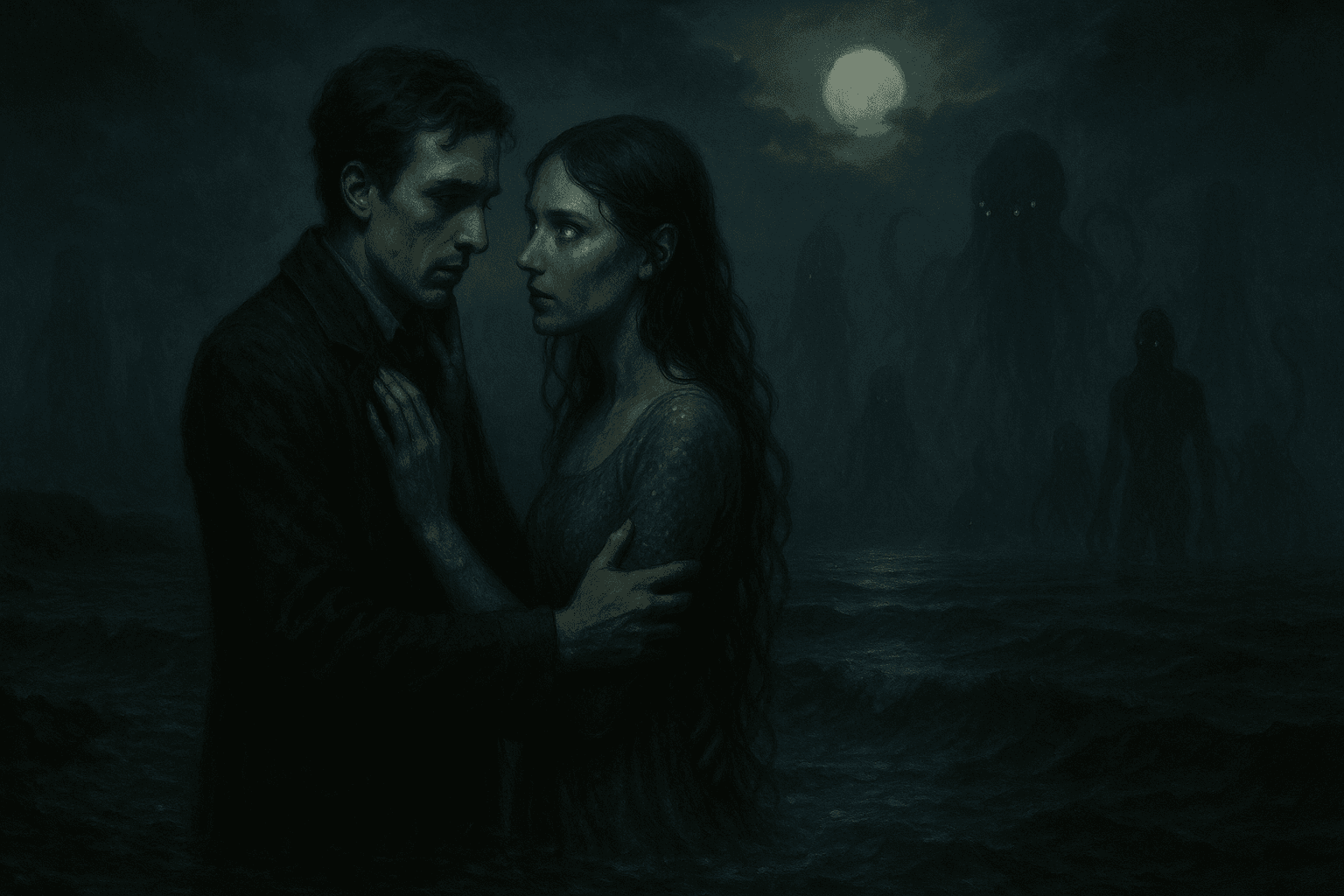 In this atmospheric painting, a pale man with hollowed cheeks and dark, wavy hair holds a woman with glowing sea-green eyes on a misty shore at night. While the moonlit scene is shadowed by turbulent waves and looming monstrous figures, their intense connection stands out, as the couple's contrasting emotions add a layer of mystery to the eerily luminous coastline.