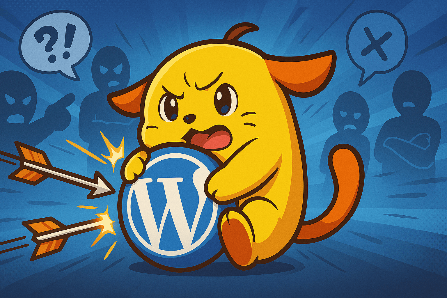 This vibrant digital illustration shows Wapuu, the cheerful WordPress mascot, fending off critique in the form of arrows and shadowy figures, with an expression of determination. Gripping a blue WordPress logo sphere tightly, Wapuu stands strong amidst the swirling defensive motions, enhanced by bold colors and dynamic design elements that emphasize its playful yet resilient nature.