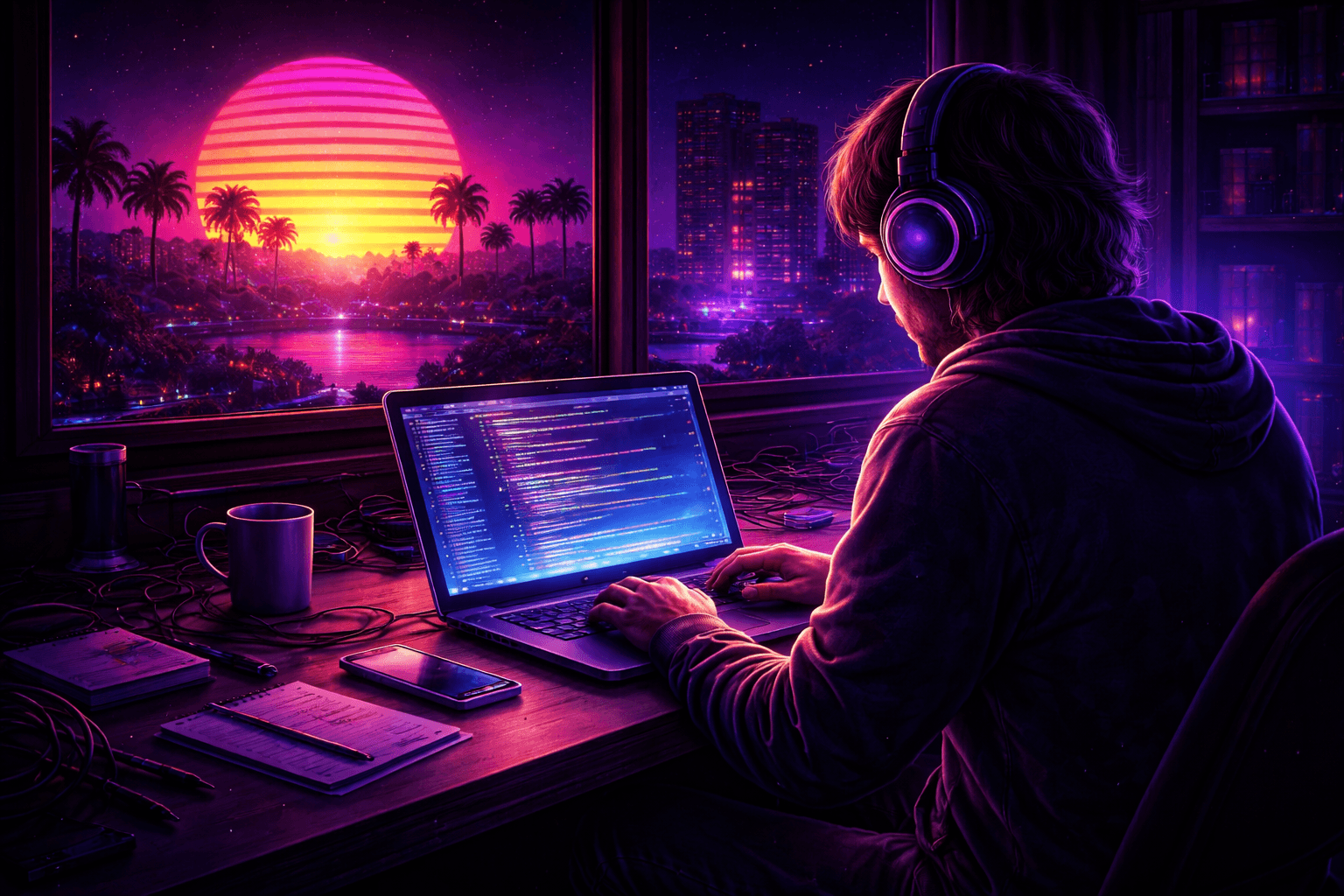 Person working at a laptop in a neon-lit synthwave room, seen from behind, with purple headphones, a cluttered desk, and a glowing retro sunset cityscape outside the window — image created by DALL·E via ChatGPT
